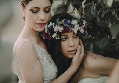Bride with flower crown next to her wedding witness